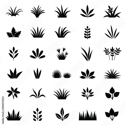 Minimalist Black Icons of Grass, Leaves, and Plants in Flat Design, Vector Graphics, Ink Drawing