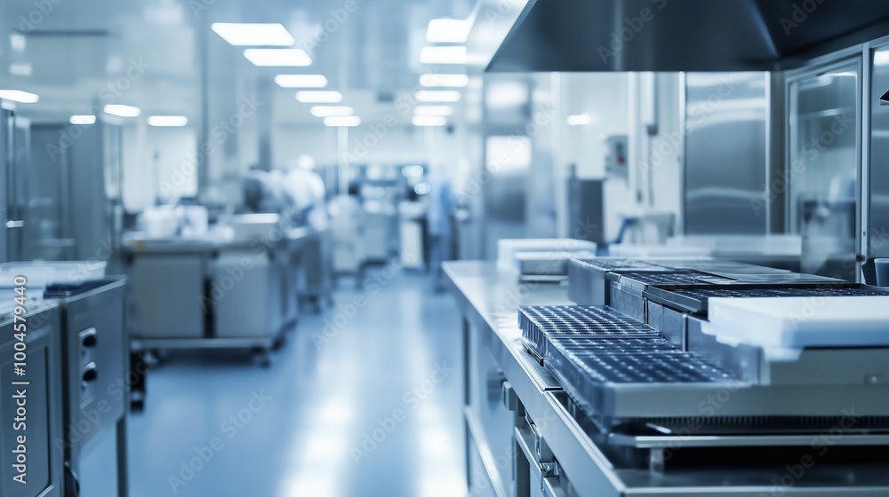 A pristine commercial kitchen equipped for large-scale food preparation with stainless steel surfaces and bright lighting during the day A pristine commercial kitchen equipped for large-scale food preparation with stainless steel surfaces and bright lighting during the day