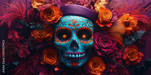 A festive and celebratory sugar skull adorned with vibrant roses and feathers on a deep purple wooden background, evoking themes of life and remembrance,...