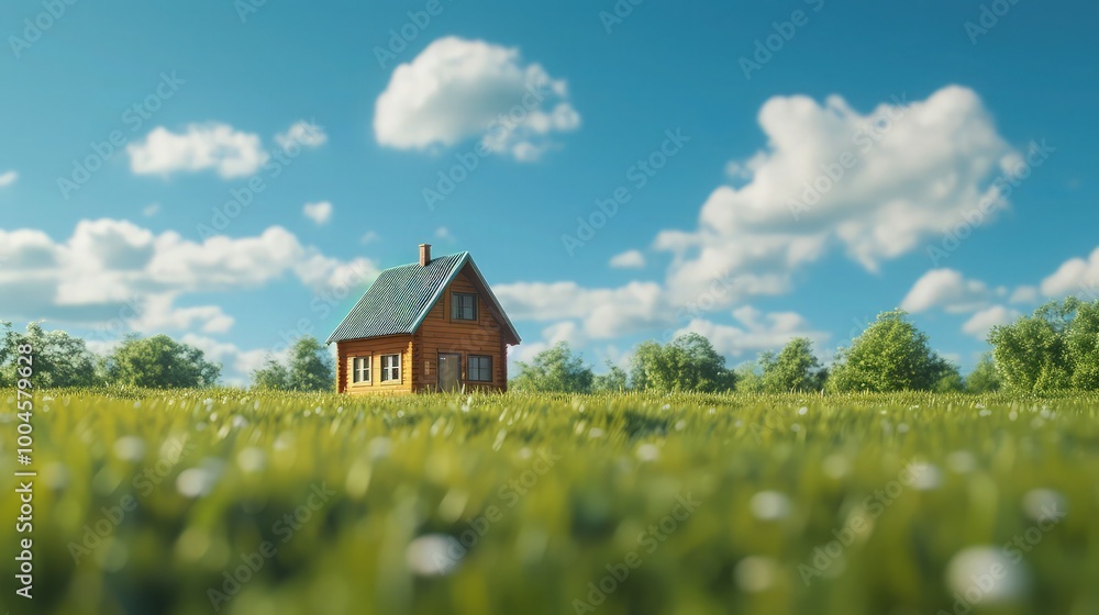A quaint wooden model house situated on lush green grass, under a bright summer sky, embodying a cozy new home concept. A quaint wooden model house situated on lush green grass, under a bright summer sky, embodying a cozy new home concept.