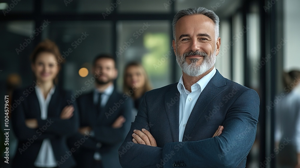 Confident Business Leader with Team in Background Confident Business Leader with Team in Background