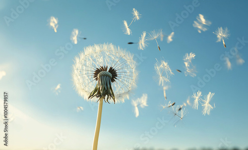 A dandelion is blowing in the wind, with its seeds scattered in the air. Concept of freedom and spontaneity, as the dandelion's seeds are carried away by the wind photo