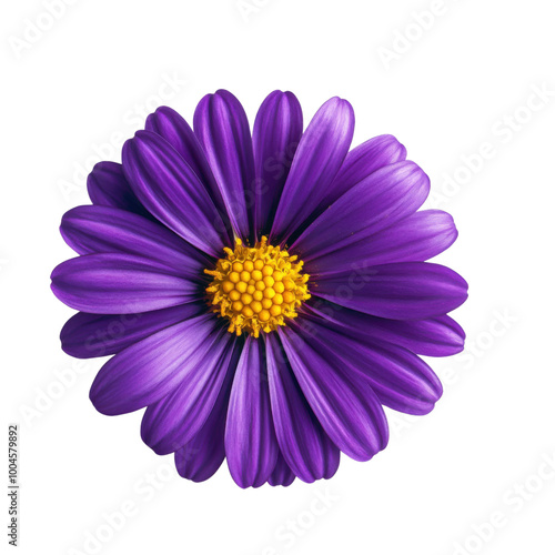 A bright aster flower with vibrant purple petals and a golden center set against a white background