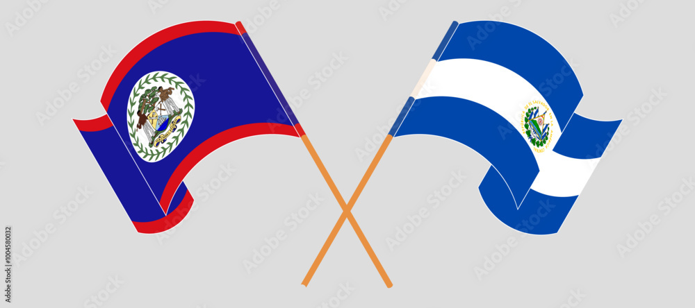 Crossed and waving flags of Belize and Republic of El Salvador. Vector illustration Crossed and waving flags of Belize and Republic of El Salvador. Vector illustration