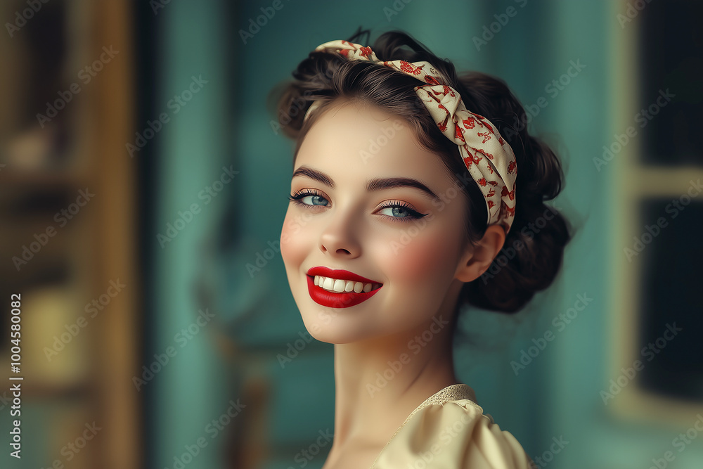 A woman with a red headband and red lipstick is smiling. She is wearing a yellow dress