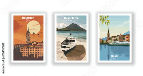 Basel, Switzerland, Basseterre, Saint Kitts and Nevis, Belgrade, Serbia - Vintage travel poster. Vector illustration. High quality prints