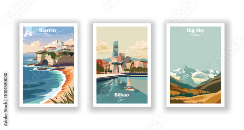 Bilbao, Spain, Big Sky, Montana, Biarritz, France - Vintage travel poster. Vector illustration. High quality prints