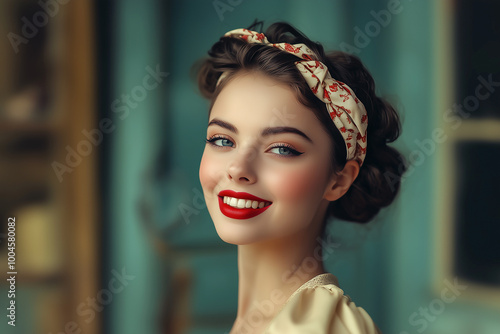 Obraz na płótnie A woman with a red headband and red lipstick is smiling. She is wearing a yellow dress w salonie