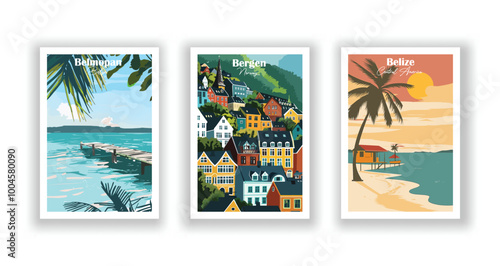 Belize,Central America, Belmopan, Belize, Bergen, Norway - Vintage travel poster. Vector illustration. High quality prints