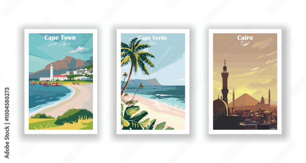 Fototapeta premium Cairo, Egypt, Cape Town, South Africa, Cape Verde, island - Vintage travel poster. Vector illustration. High quality prints