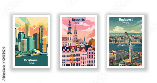 Brisbane, Australia, Brussels, Belgium, Budapest, Hungary - Vintage travel poster. Vector illustration. High quality prints