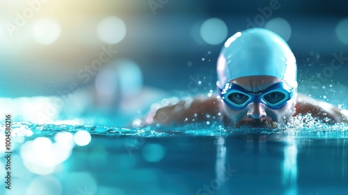 Intense Swimmer Competing in a Pool Race