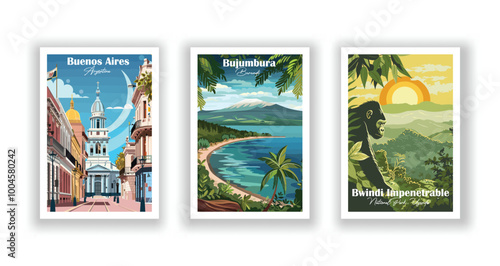 Buenos Aires, Argentina, Bujumbura, Burundi, Bwindi Impenetrable National Park, Uganda - Vintage travel poster. Vector illustration. High quality prints