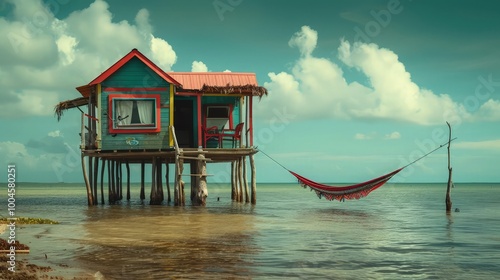 A small, colorful beach house on stilts, overlooking a tranquil ocean, with a hammock swaying in the breeze."