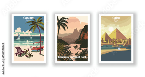 Cairo, Egypt, Canaima National Park, Venezuela, Cancun, Mexico - Vintage travel poster. Vector illustration. High quality prints