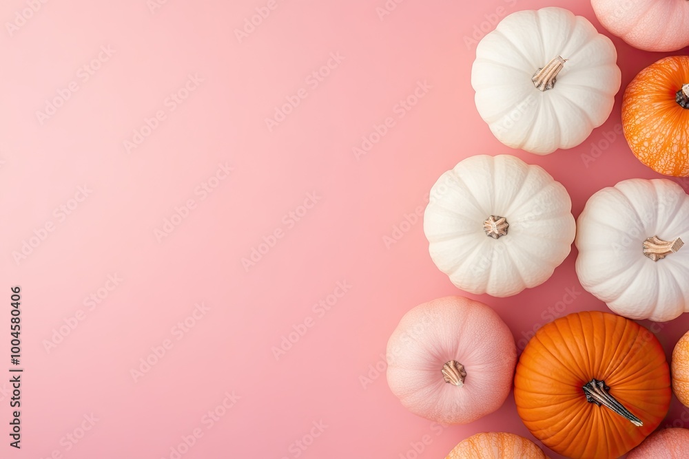 Colorful Pumpkins Arranged on Pink Surface Colorful Pumpkins Arranged on Pink Surface