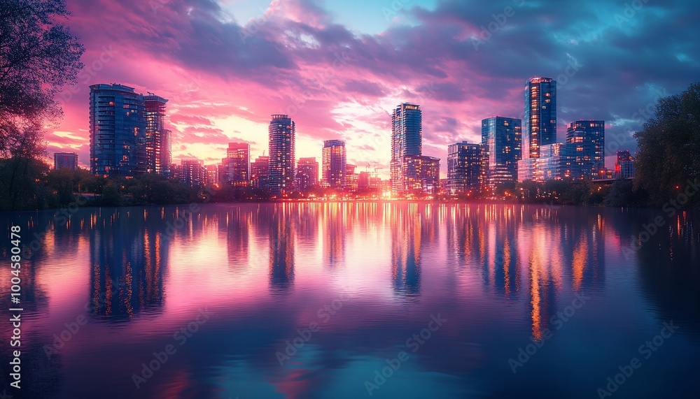City skyline with skyscrapers reflected in water at sunset. City skyline with skyscrapers reflected in water at sunset.