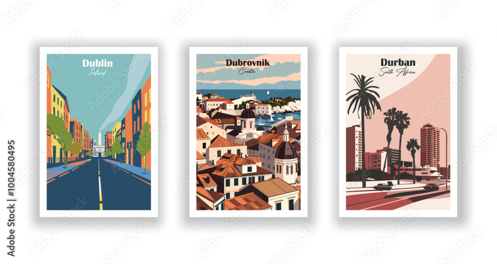 Εκτύπωση καμβά Dublin, Ireland, Dubrovnik, Croatia, Durban, South Africa - Vintage travel poster