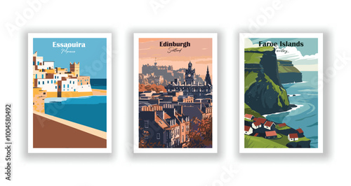 Edinburgh, Scotland, Essaouira, Morocco, Faroe Islands, Territory - Vintage travel poster. Vector illustration. High quality prints