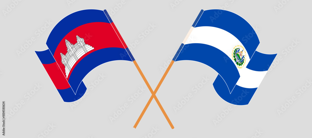Crossed and waving flags of Cambodia and Republic of El Salvador. Vector illustration Crossed and waving flags of Cambodia and Republic of El Salvador. Vector illustration