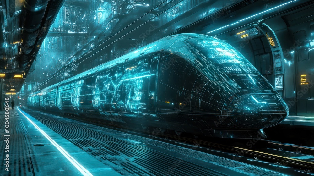 Cyberpunk modern fast train with future technology stops at the station ...