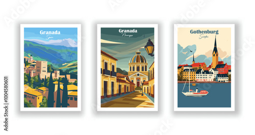 Gothenburg, Sweden, Granada, Nicaragua, Granada, Spain - Vintage travel poster. Vector illustration. High quality prints
