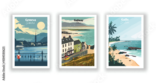 Galle, Sri Lanka, Galway, Ireland, Geneva, Switzerland - Vintage travel poster. Vector illustration. High quality prints