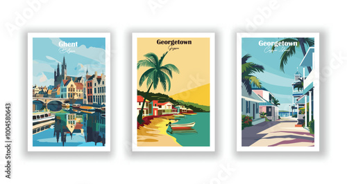 Georgetown, Cayman Islands, Georgetown, Guyana, Ghent, Belgium - Vintage travel poster. Vector illustration. High quality prints