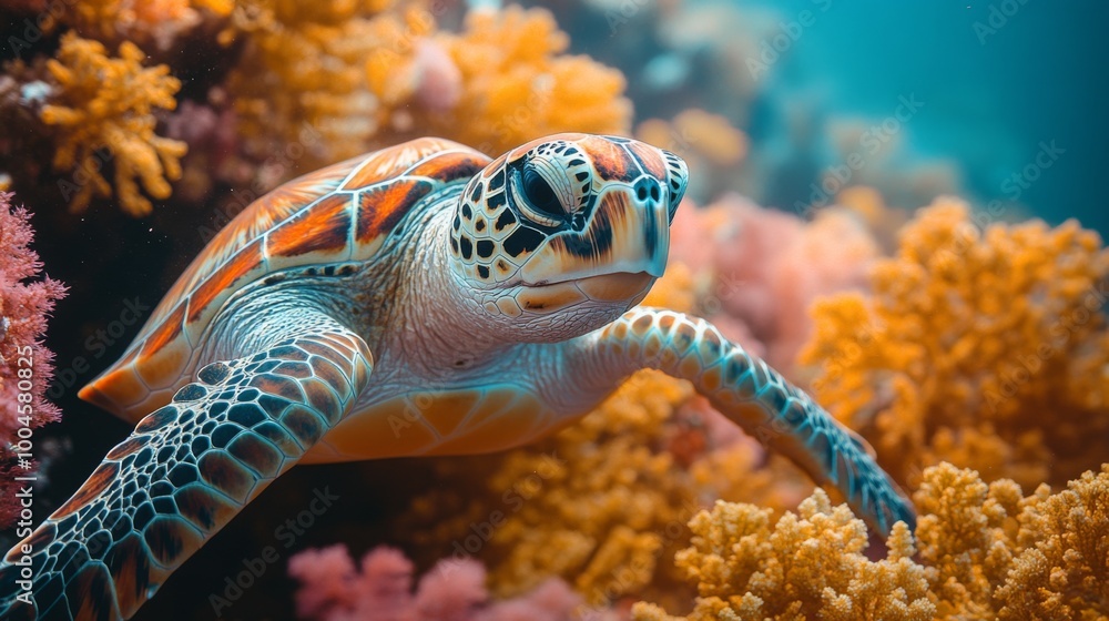 Sea Turtle Close-Up in Vibrant Coral Reef Sea Turtle Close-Up in Vibrant Coral Reef
