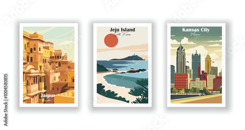 Kansas City, Missouri, Jeju Island, South Korea, Jaipur, India - Vintage travel poster. Vector illustration. High quality prints