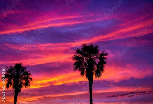 stunning vibrant palm tree silhouette colorful sunset background capturing beauty, horizon, sky, clouds, orange, yellow, red, violet, purple, tropical