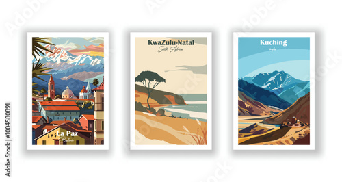 KwaZulu-Natal, South Africa, La Paz, Bolivia, LADAKH, india - Vintage travel poster. Vector illustration. High quality prints