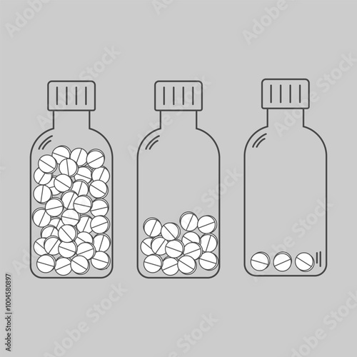 Healthcare medicine bottles, showing varying levels of pills inside each one. Linear containers