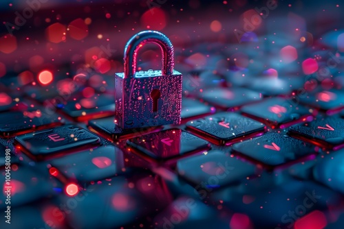 A small, shiny lock sits on a dark keyboard, illuminated by colorful bokeh lights creating a vibrant nighttime atmosphere