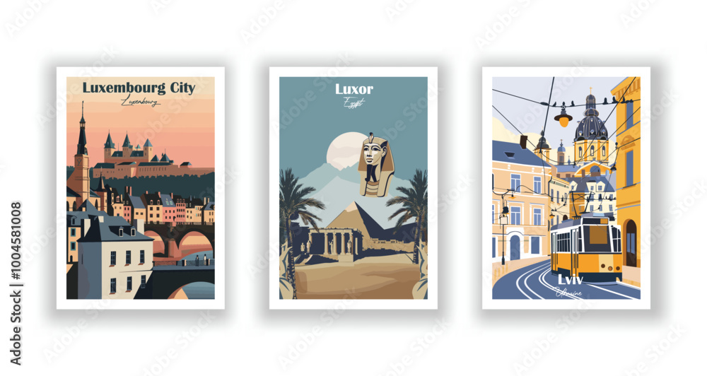 Φωτογραφία Luxor, Egypt,Luxembourg City, Luxembourg, Lviv, Ukraine - Vintage travel poster