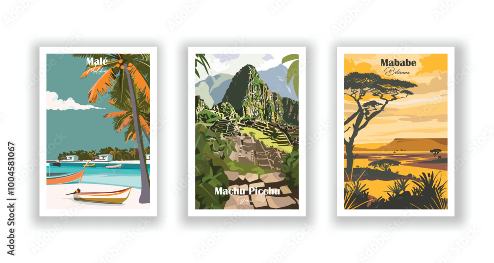 Φωτογραφία Mababe, Botswana, Machu Picchu, Peru, Malé, Maldives - Vintage travel poster