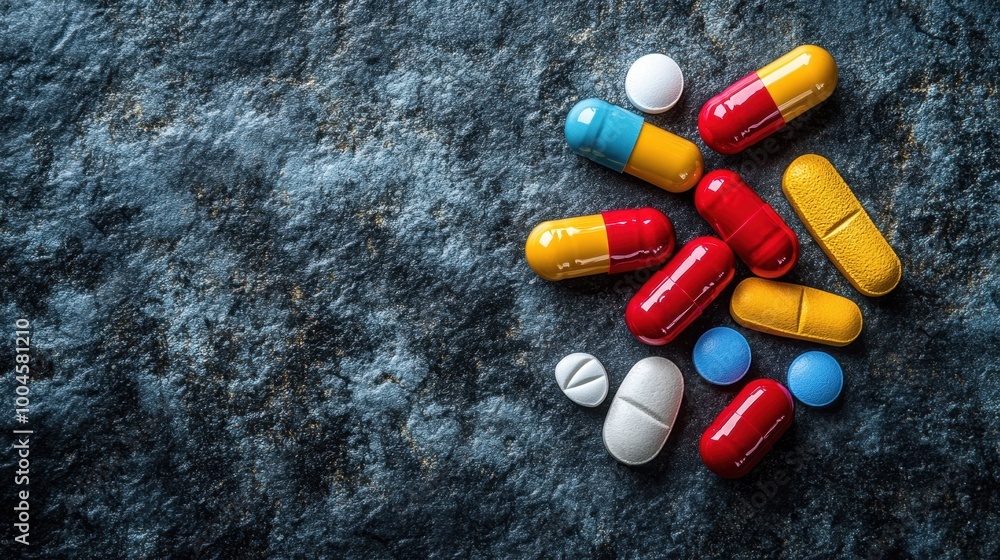 Colorful capsules and tablets on texture Colorful capsules and tablets on texture