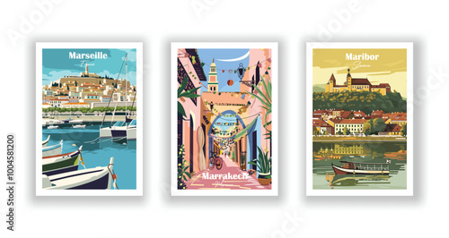 Maribor, Slovenia, Marrakech, Morocco, Marseille, France - Vintage travel poster. Vector illustration. High quality prints