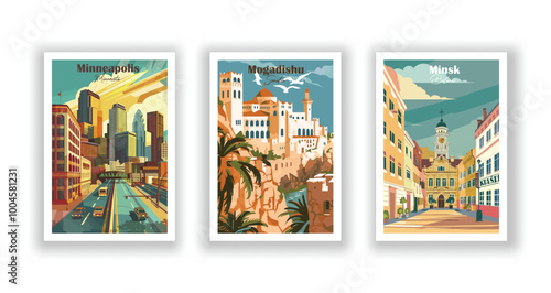 Minneapolis, Minnesota, Minsk, Belarus, Mogadishu, Somalia - Vintage travel poster. Vector illustration. High quality prints