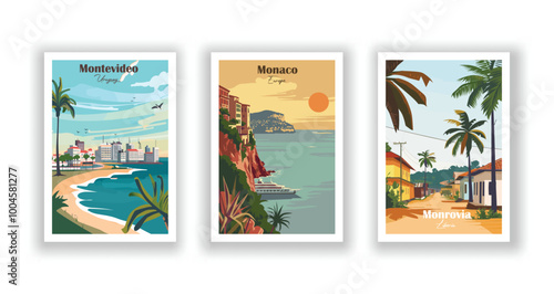 Monaco, Europe, Monrovia, Liberia, Montevideo, Uruguay - Vintage travel poster. Vector illustration. High quality prints