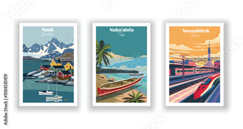 Novosibirsk, Russia, Nuku'alofa, Tonga, Nuuk, Greenland - Vintage travel poster. Vector illustration. High quality prints