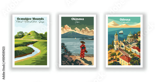 Ocmulgee Mounds National Historical Park, Georgia, Odessa, Ukraine, Okinawa, Japan - Vintage travel poster. Vector illustration. High quality prints