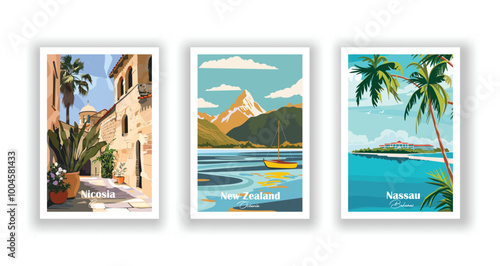Nassau, Bahamas, New Zealand, Oceania, Nicosia, Cyprus - Vintage travel poster. Vector illustration. High quality prints