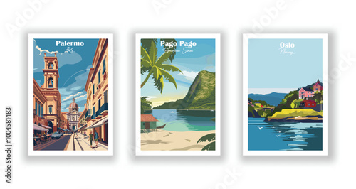 Oslo, Norway, Pago Pago, American Samoa, Palermo, Italy - Vintage travel poster. Vector illustration. High quality prints