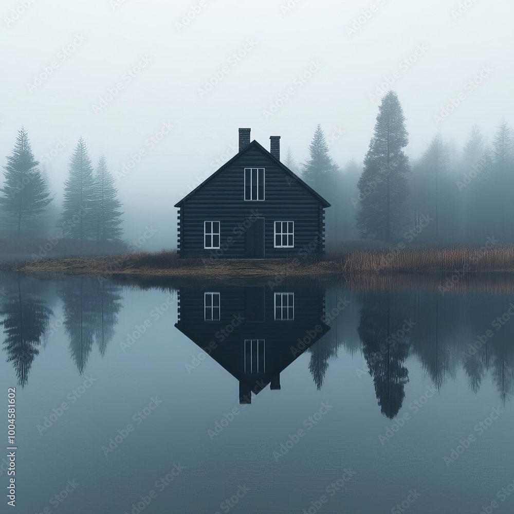 Obraz premium Abandoned cabin by foggy lake, reflection fading, 3D illustration