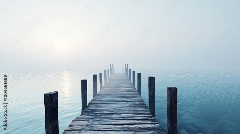 Fototapeta premium Abandoned pier, fog creeping over water, 3D illustration