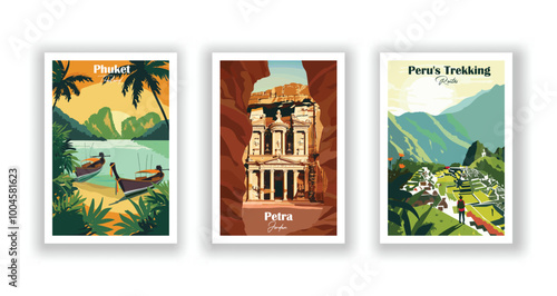 Peru's Trekking Routes, Petra, Jordan, Phuket, Thailand - Vintage travel poster. Vector illustration. High quality prints
