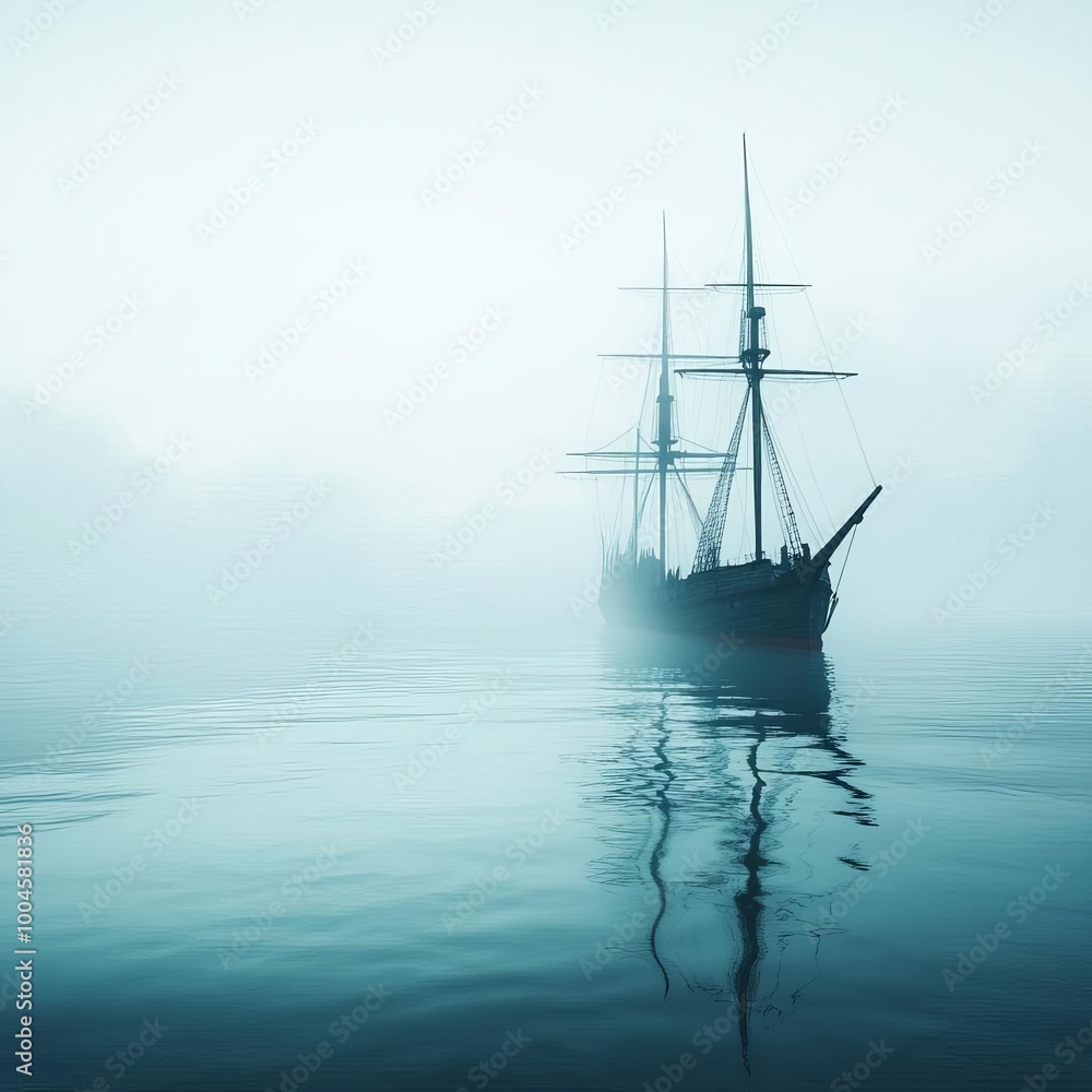 Fototapeta premium Abandoned ship in misty harbor, waves lapping softly, 3D illustration