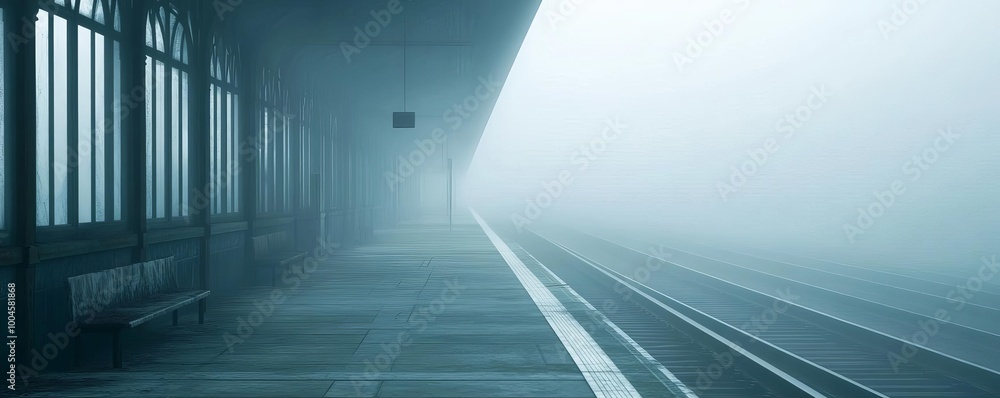 Abandoned train station in dense fog, forgotten and quiet, 3D illustration Abandoned train station in dense fog, forgotten and quiet, 3D illustration
