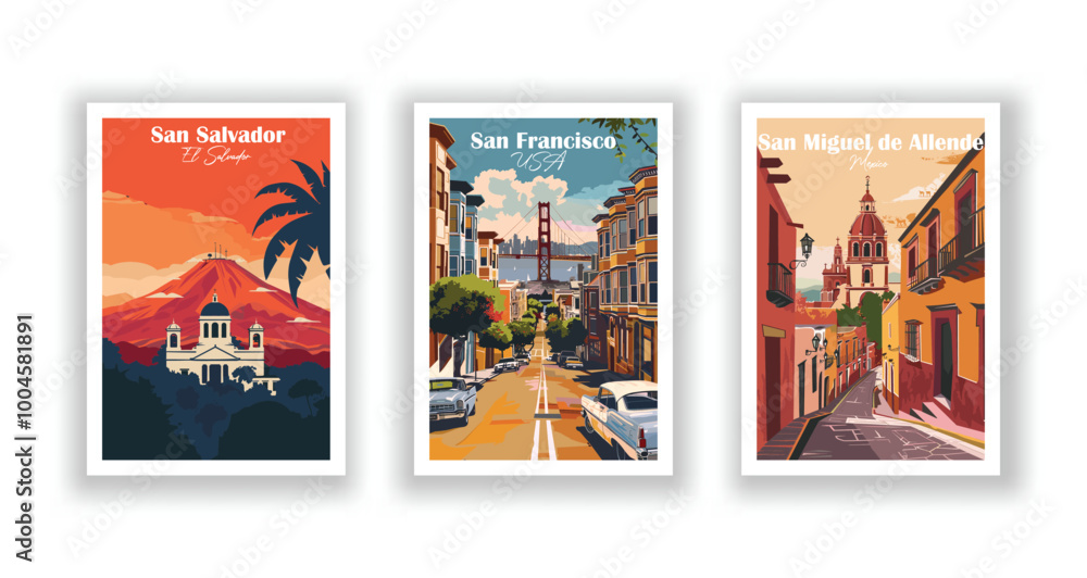 Obraz premium San Miguel de Allende, Mexico, San Francisco, USA, San Salvador, El Salvador - Vintage travel poster. Vector illustration. High quality prints